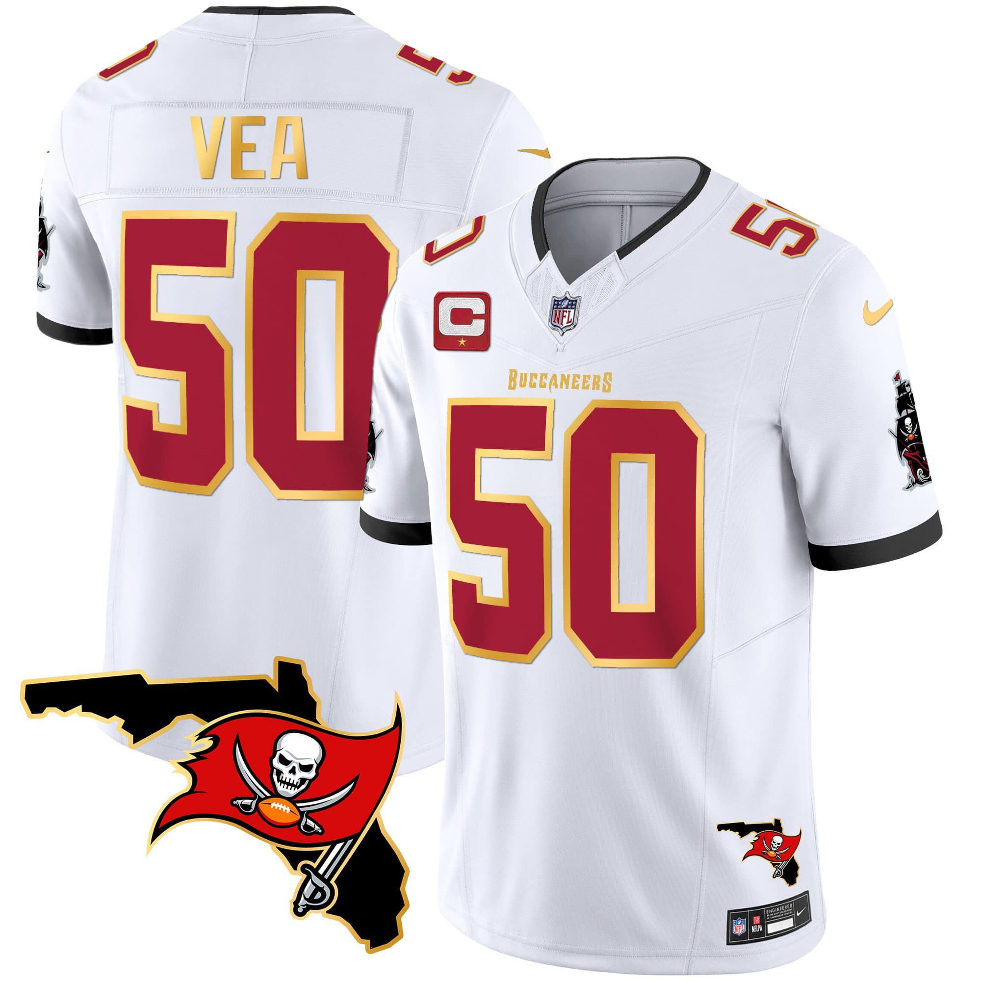 Men Tampa Bay Buccaneers 50 Vea White 2024 Nike Florida Patch Gold Trim Vapor NFL Jersey